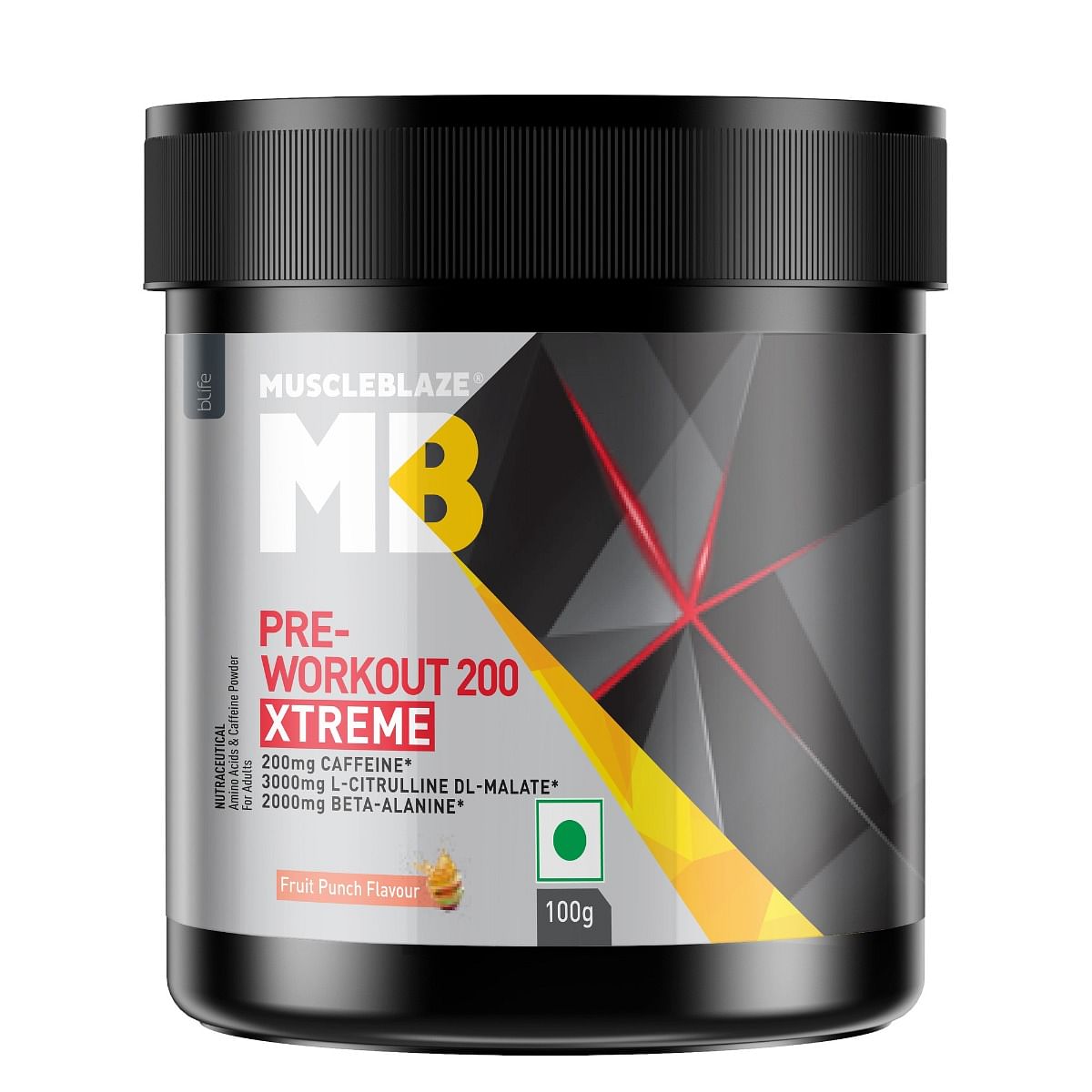 

MuscleBlaze MB Pre Workout 200 Xtreme 100g | 15 Serving | Fruit Punch Flavour | Energy | Enhanced Pump