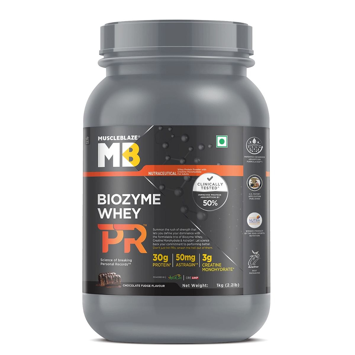 

MuscleBlaze Biozyme Performance Whey Protein PR (Chocolate Fudge, 1 kg / 2.2 lb) with 30 g Protein, 3 g Creatine Monohydrate & 50 mg AstraGin®, Cli...