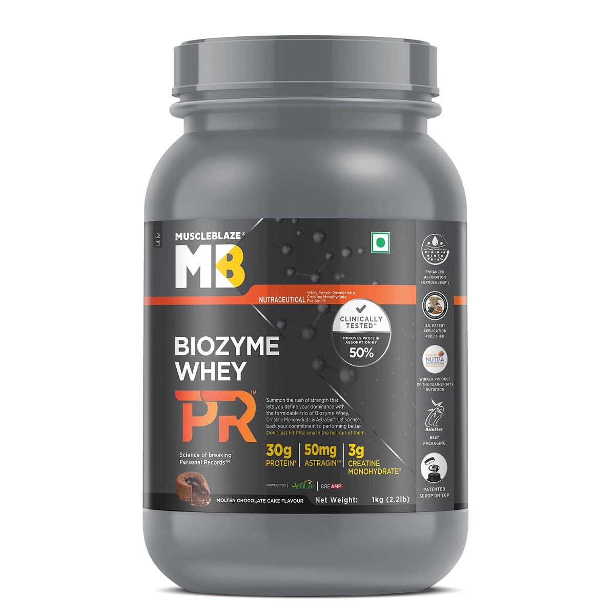 

MuscleBlaze Biozyme Whey Protein PR with 30g Protein, 3g Creatine Monohydrate & 50mg AstraGin® (Molten Chocolate Cake, 1kg / 2.2lbs) | Trustified G...