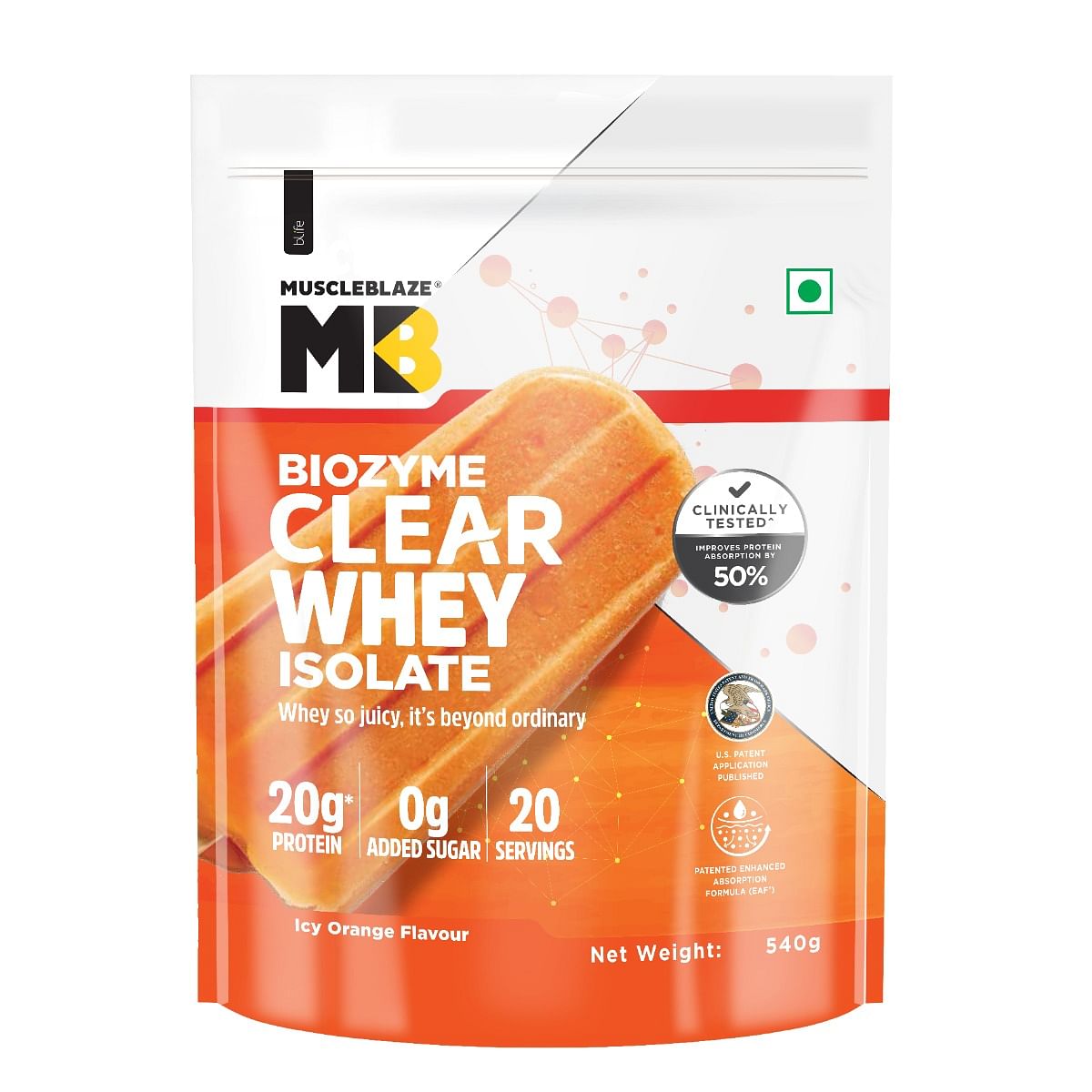 

MuscleBlaze Biozyme Clear Whey Protein Isolate | 20g Protein, 92 Calories, Zero Added Sugar (Icy Orange Flavour, 20 Servings)