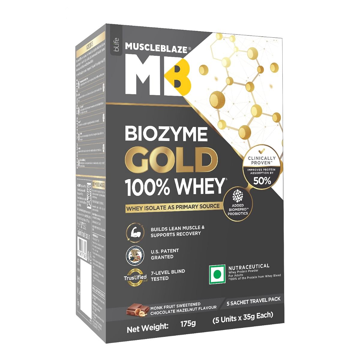 

MuscleBlaze Biozyme Gold 100% Whey Protein Powder (Monk Fruit Sweetened Chocolate Hazelnut (5x35g) | Whey Isolate as Primary Protein Source