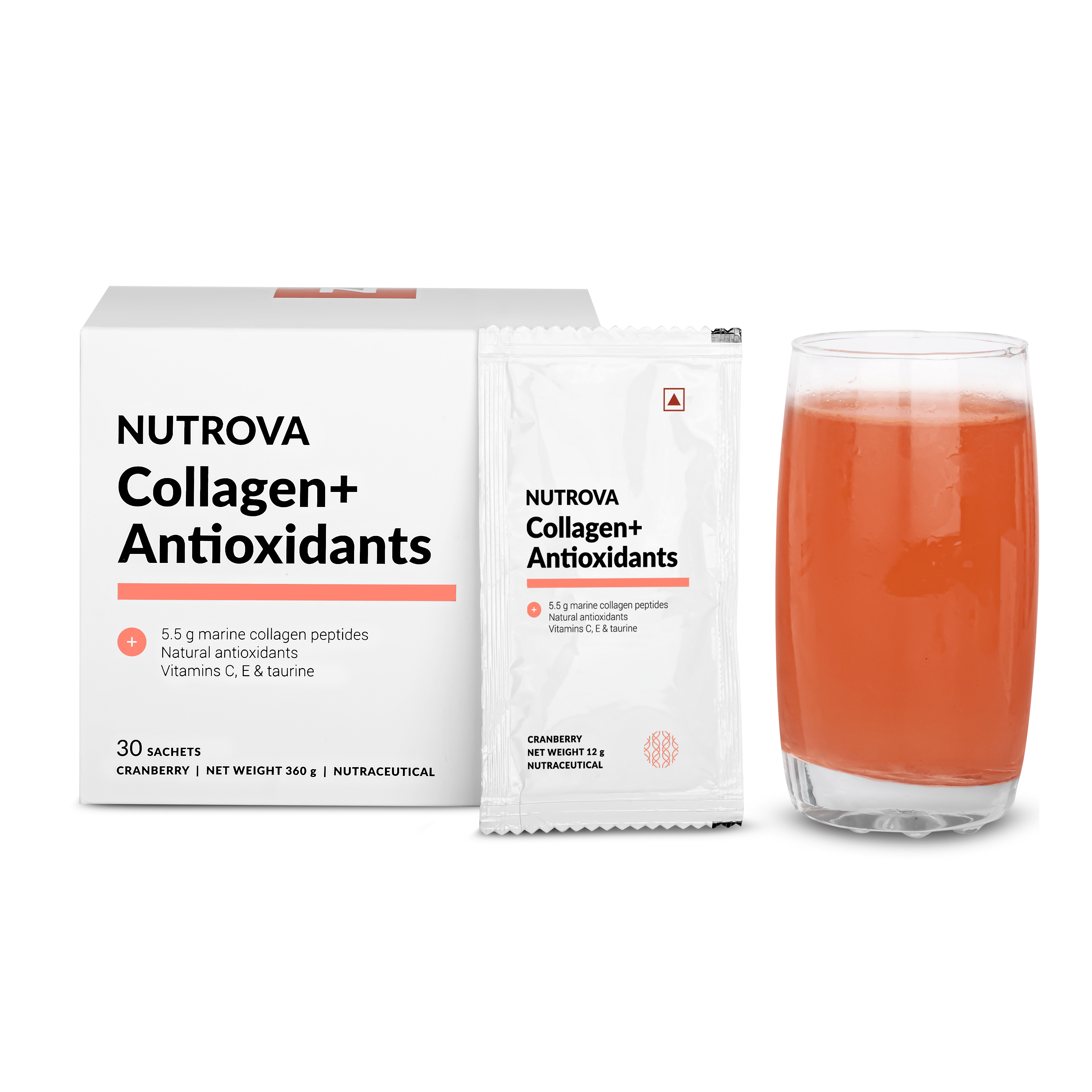 

NUTROVA Collagen+Antioxidants Supplement - 30 Sachets of powder for Men & Women, Increases Skin Hydration & Reduces Skin Damage, Cranberry Flavour ...