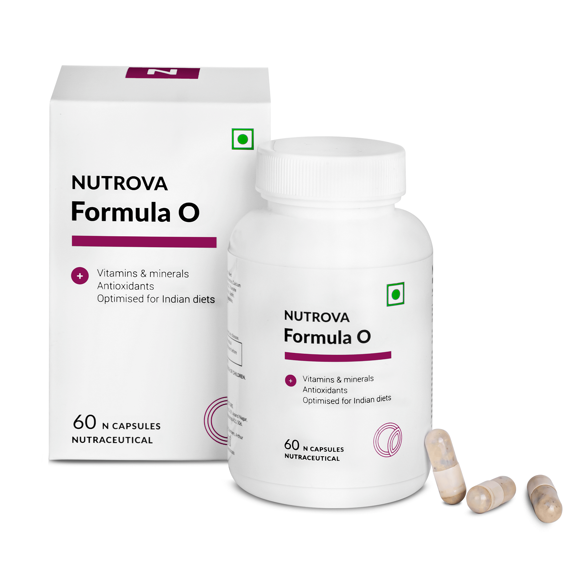 

Nutrova Formula O - Multivitamin Supplement Optimised For Non-Vegan Indian Diets For Men & Women (60 Capsules) Containing Lycopene, Vitamin C, Zinc...