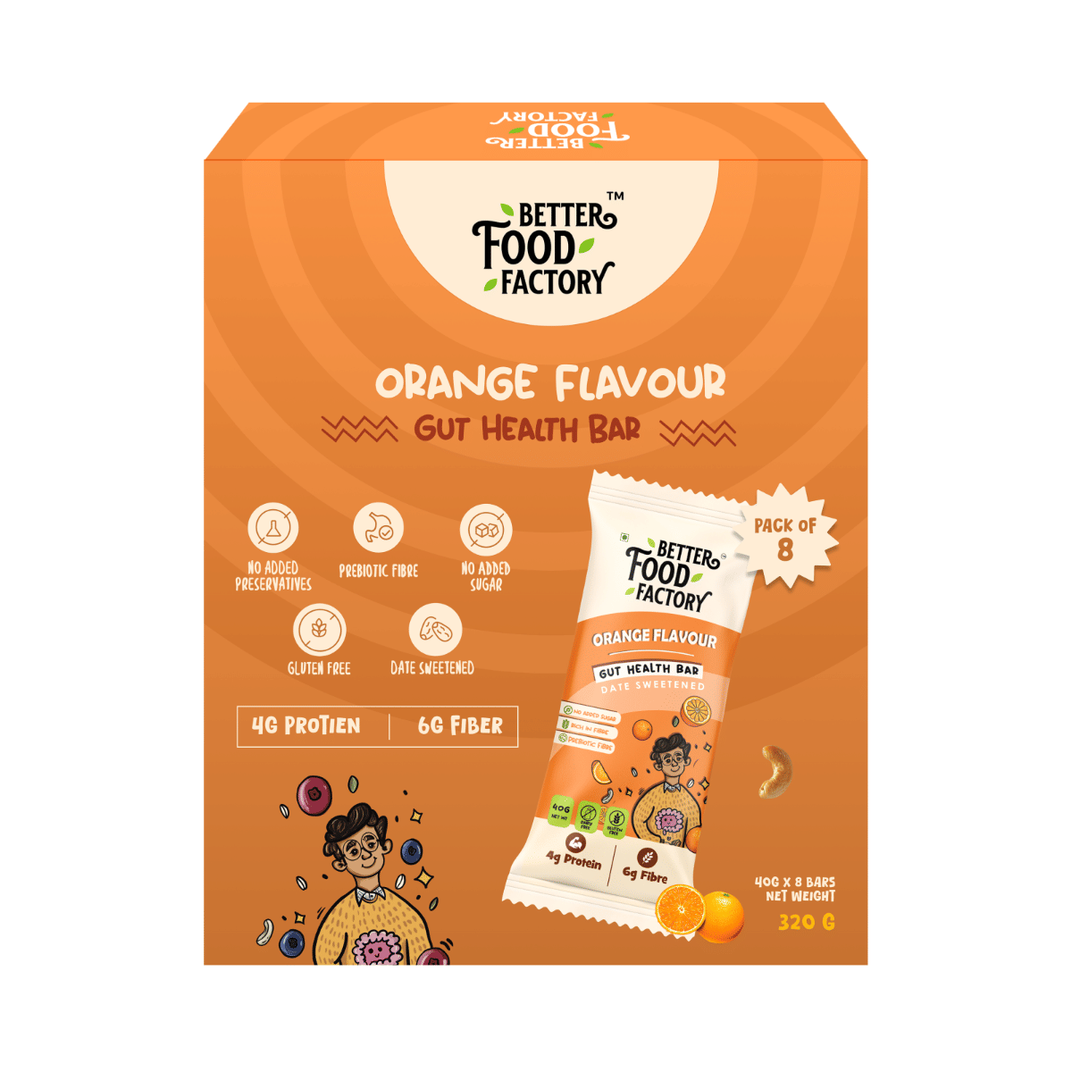

Better Food Factory Orange Gut Health Energy Bar - 6G Fibre Pack of 8