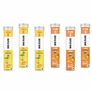 Bigflex Vitamin-C 1000mg Natural Amla Extract + 10mg Zinc - Pack of 6 (120 Fizzy) Effervescent Tablets - Orange & Lemon flavour