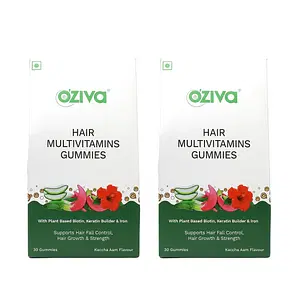 OZiva Biotin Hair Multivitamins Gummies for Stronger, Fuller, Shinier Hair | Hair Gummies with Keratin Builder, Iron & Vitamins B9, B6 & D | Raw Mango Flavour | No Added Sugar (Pack of 2, 60)