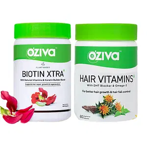 OZiva Healthy Hair Combo Pack - Hair Vitamins 60 Capsules with DHT blocker & Omega 3 + Biotin Xtra with keratin Builder for Better Hair Growth, Regeneration & HairFall Control