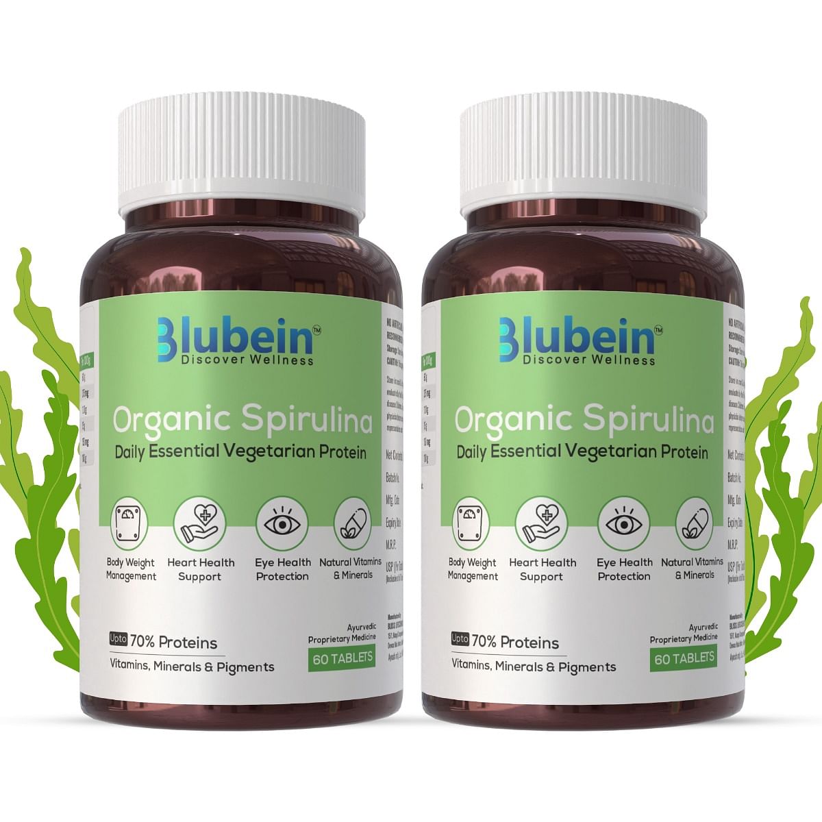 

Blubein 100% Organic Spirulina Tablets for Men & Women | Super Greens Packed with 60-70% Protein | Boosts Immunity, Supports Gut Health & E...