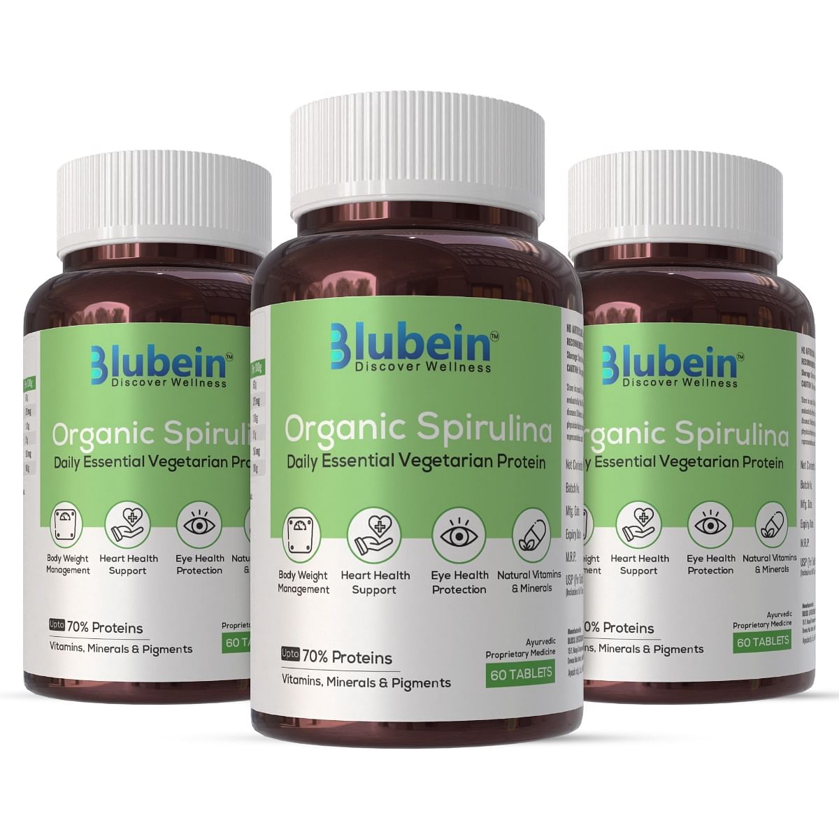 

Blubein 100% Organic Spirulina Tablets for Men & Women | Super Greens Packed with 60-70% Protein | Boosts Immunity, Supports Gut Health & E...