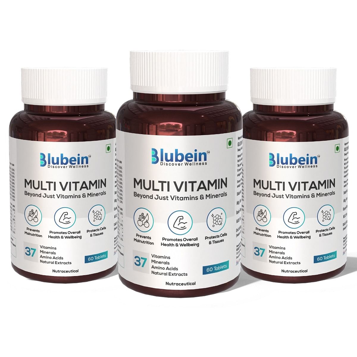 

Blubein Multivitamin Tablet with 37 Vital Ingredients for Overall Health & Wellbeing | Vegan | 100% RDA - US FDA | For Men & Women - 60 Tablets x P...