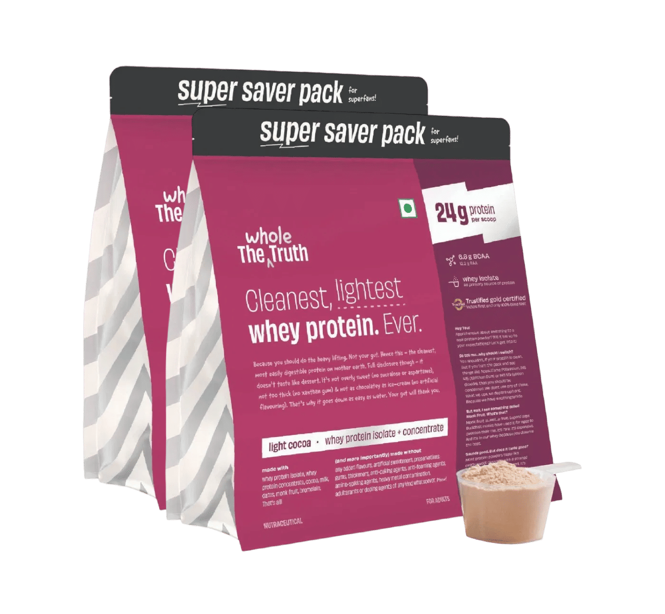 

The Whole Truth Whey Protein Isolate+Concentrate | Light Cocoa 4 kg (4.4 lbs) | 24g Protein/Scoop | 6.6g BCAA | 100% Authentic Whey & No Adulterati...