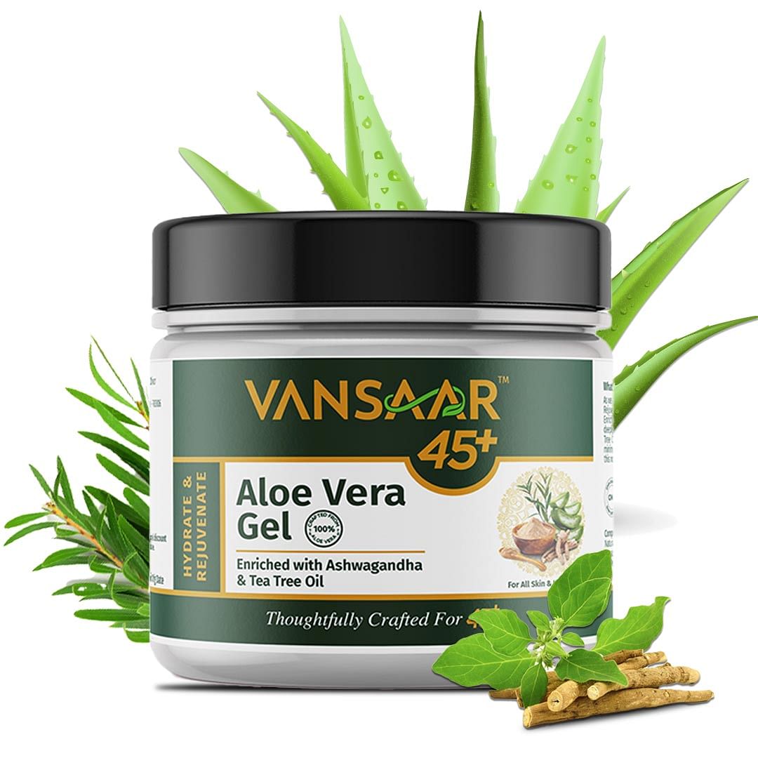 

Vansaar 45+ Aloe Vera Gel - 500g|100% Pure Aloe Vera Enriched With Ashwagandha & Tea Tree Oil|For Face, Skin & Hair