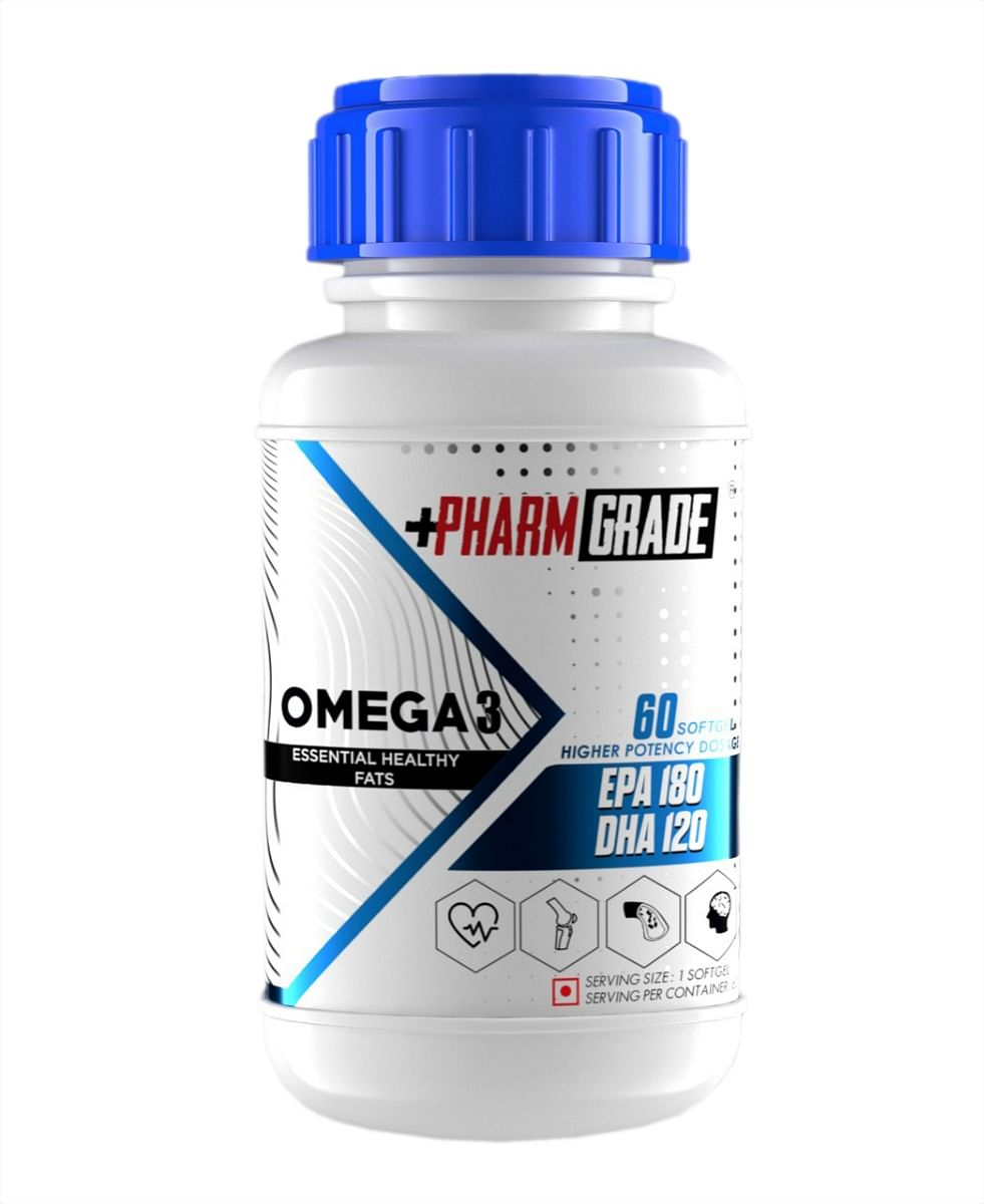 

Pharmgrade Omega 3 Fish Oil | Fish Oil 1000 mg | EPA 180 mg | DHA 120 mg | For Brain, Joints, Hairs & Eyes (60 Capsules)