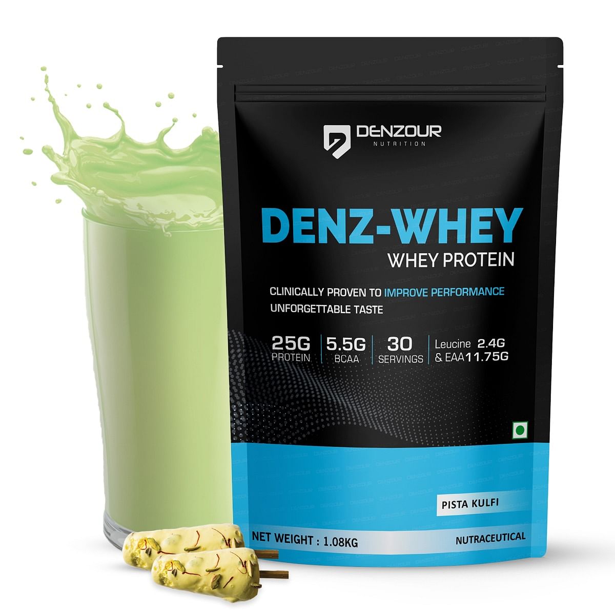 

Denzour Nutrition Denz-Whey Protein with 25g Protein, 5.5g BCAA & 11.75g EAA for Muscle Support & Recovery - 1Kg, Pista Kulfi