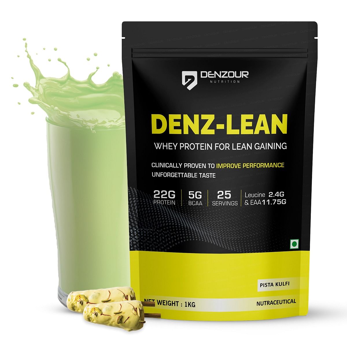 

Denzour Nutrition Denz-Lean Whey Protein with 25g Protein with 5g BCAA to Lean Muscle Mass & Improves Performance, 1Kg, Pista Kulfi