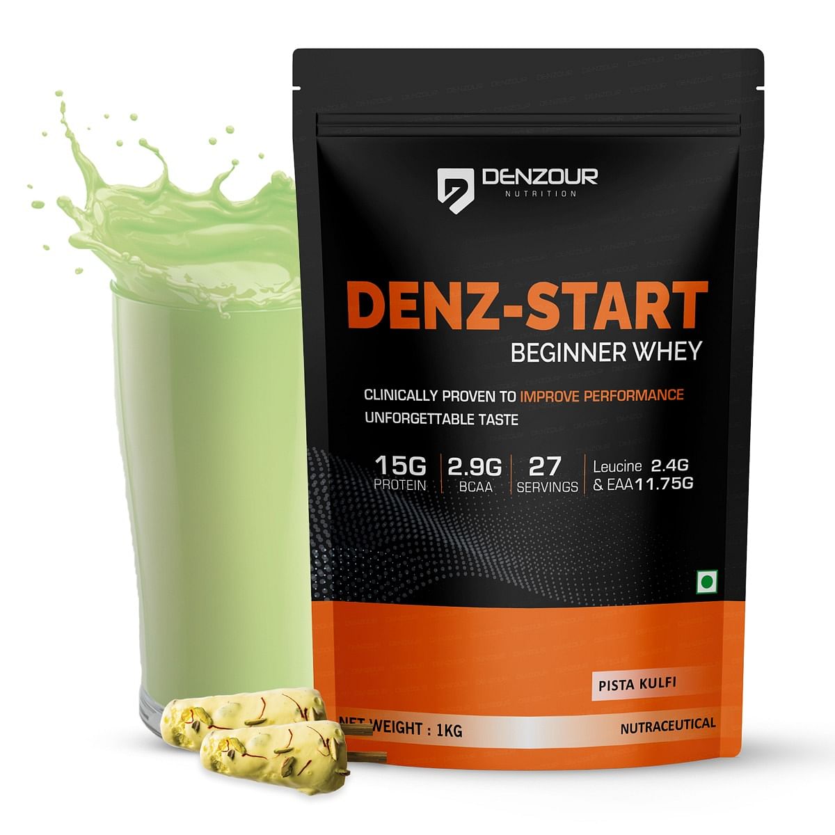 

Denzour Nutrition Denz-Start Whey Protein for Beginners with 15g Protein & 2.9g BCAA to Improve Performance & Faster Muscle Recovery, 1Kg, Pista Kulfi