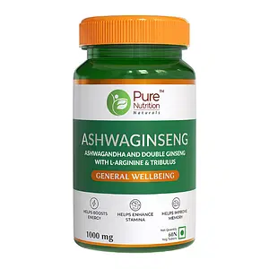 Pure Nutrition Ashwaginseng For Enhances Stamina & Boosts Energy, Ashwaginsenga & Duble Ginseng With L-Arginine & Tribuls Helps Boosts Energy - 60 Veg Tablets