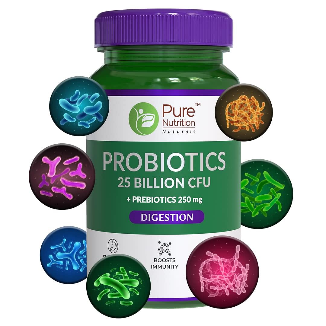 

Pure Nutrition Probiotics 25 Billion Cfu Plus Prebiotics 250 Mg, Prebiotics And Probiotics Capsules For Women And Men To Support Gut Health, 60 V...