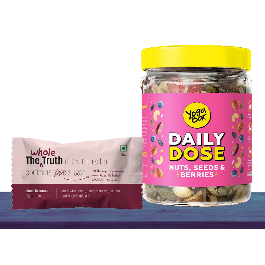 

Protein-Packed Snack Duo (The Whole Truth Double Cocoa Protein Bars (Pack of 6) + Yogabar Super Healthy Daily Dose Organic Mix 325g)