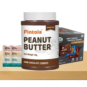 Choco Protein Power Pack ( Pintola Choco Spread Peanut Butter Crunchy (1kg) + The Whole Truth- Protein Bars- The Choco Heavy Box Pack of 6 (6 x 52g)+ HYP Soft Baked Protein Cookies (Box of 6 Cookies)