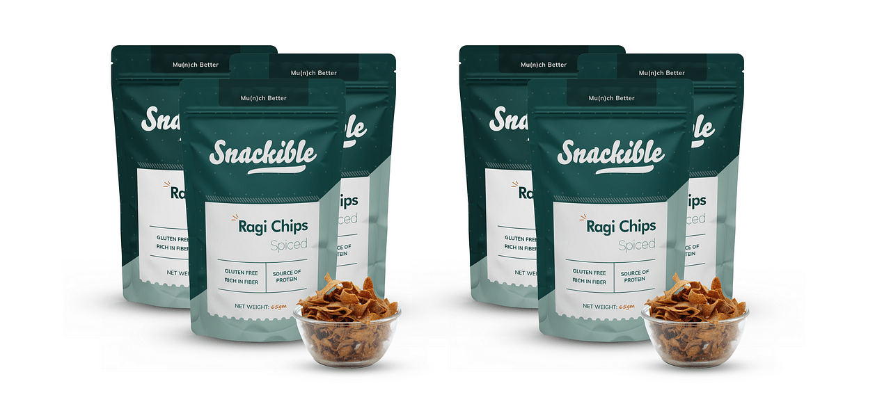 

Snackible Spiced Ragi Chips (Pack of 6) - 6x65gm | Gluten Free | Reduces Cholestrol | Rich in Protein | No Added Preservatives