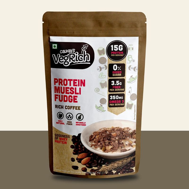 

Calvay's VegRich Protein Muesli Rich Coffee | 15g Whey Protein muesli & pure coffee blend | Sweetened with Dates & no added sugar muesli | Rolled O...