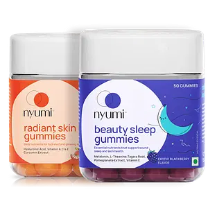 Nyumi Gummies for Skin & Sleep | With Hyaluronic acid, Vitamin C, Patented Curcumin, Melatonin and Tagara Root | For Glowing & Youthful Skin, Deep Sleep and Reduced Stress | Pack of 100 Gummies