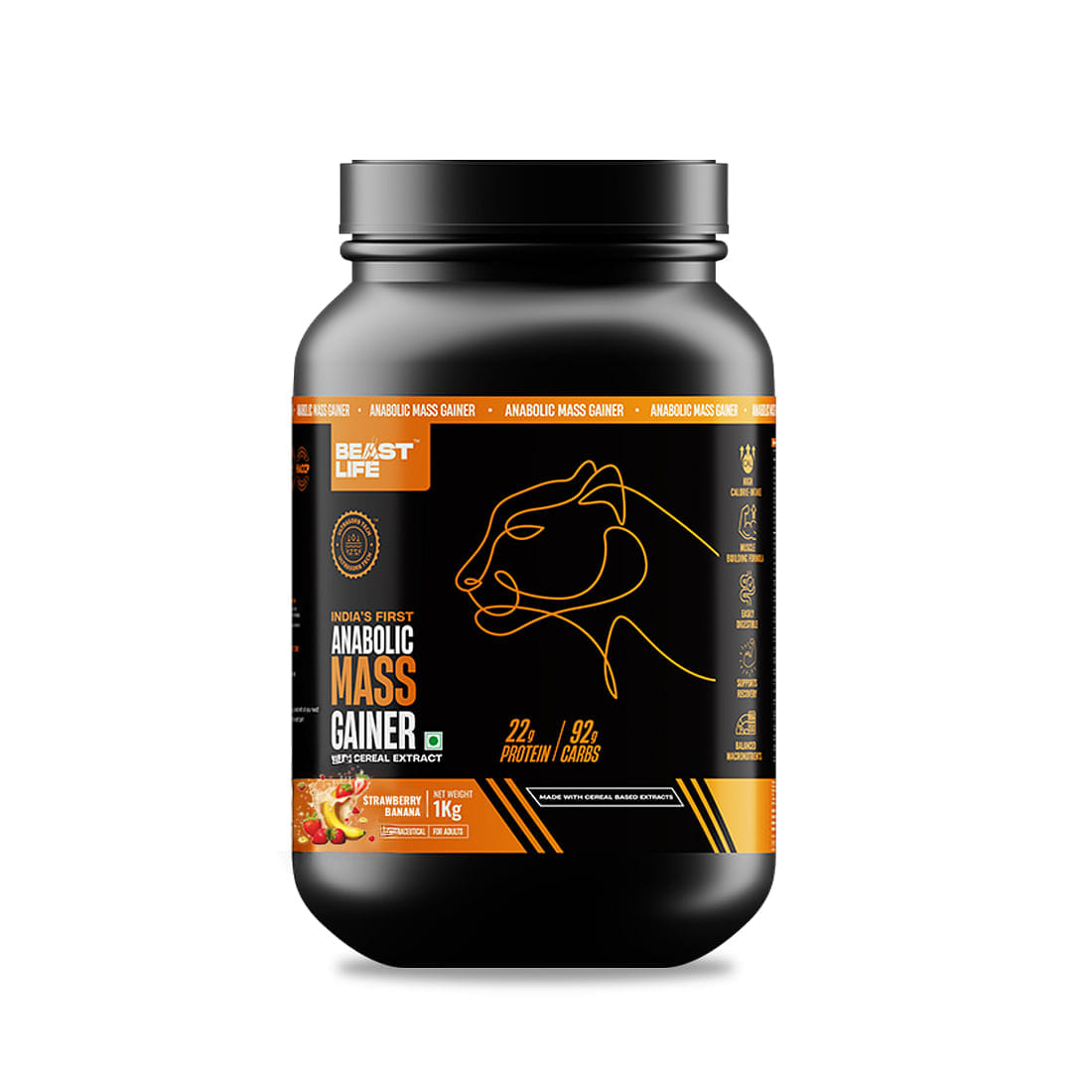 BeastLife Mass Gainer NO MALTODEXTRIN - INDIA'S #1 CEREAL BASED BULK FORMULA | High Protein High Calorie gainer for Beast Gains, Strawberry Banana