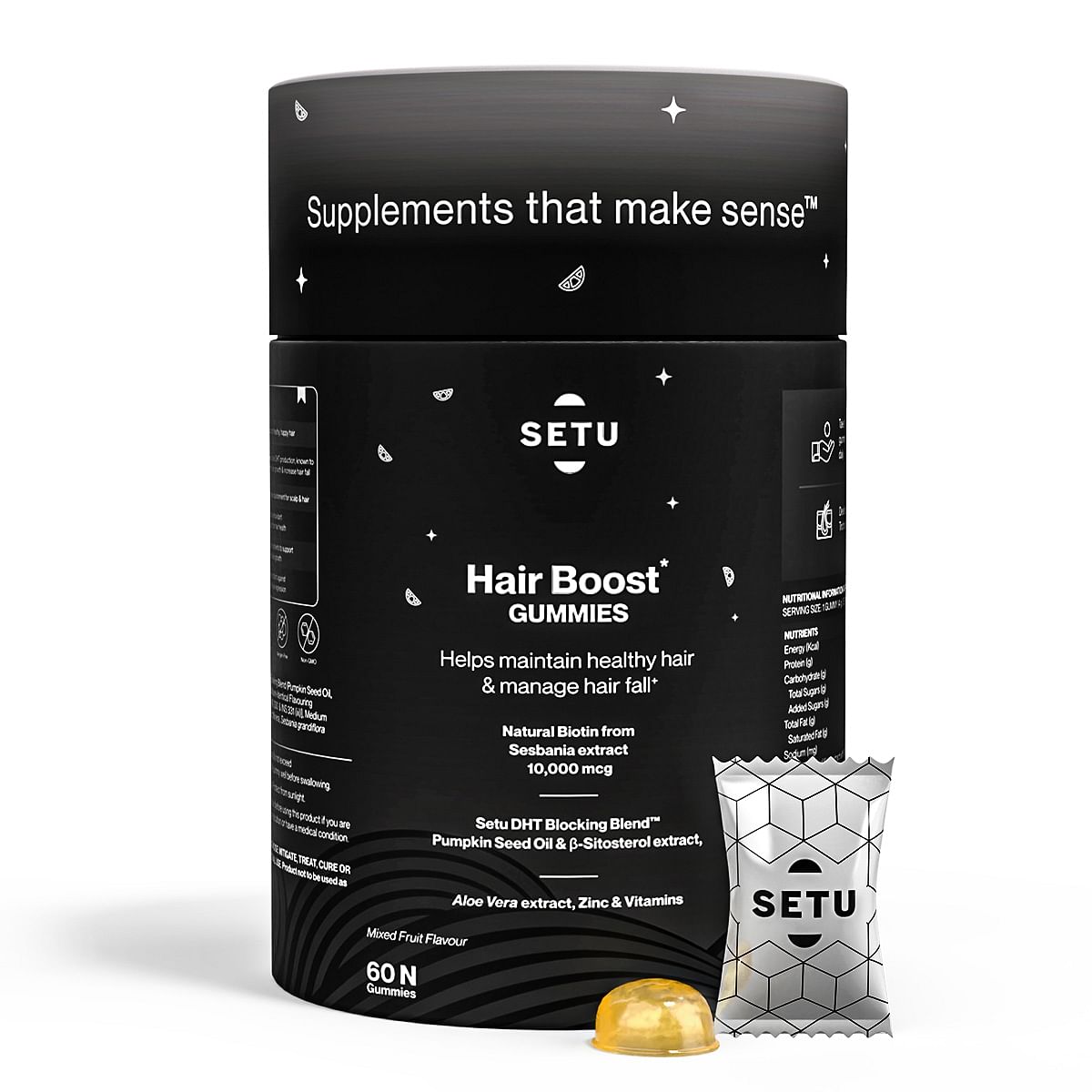 

Setu Biotin Hair Boost Gummies for Men & Women-10000 mcg | Reduces Hair Fall & Strengthens Nails Growth | 100% Vegetarian | Mixed fruit Flavour | 6...