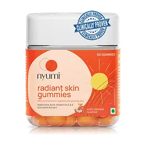 Nyumi Radiant Skin Gummies | For Hydrated, Glowing & Youthful Skin | 30 Day Pack | With Hyaluronic Acid, Vitamin C & Multivitamins | Orange Flavoured | Vegan & Gluten Free | 50 Gummies