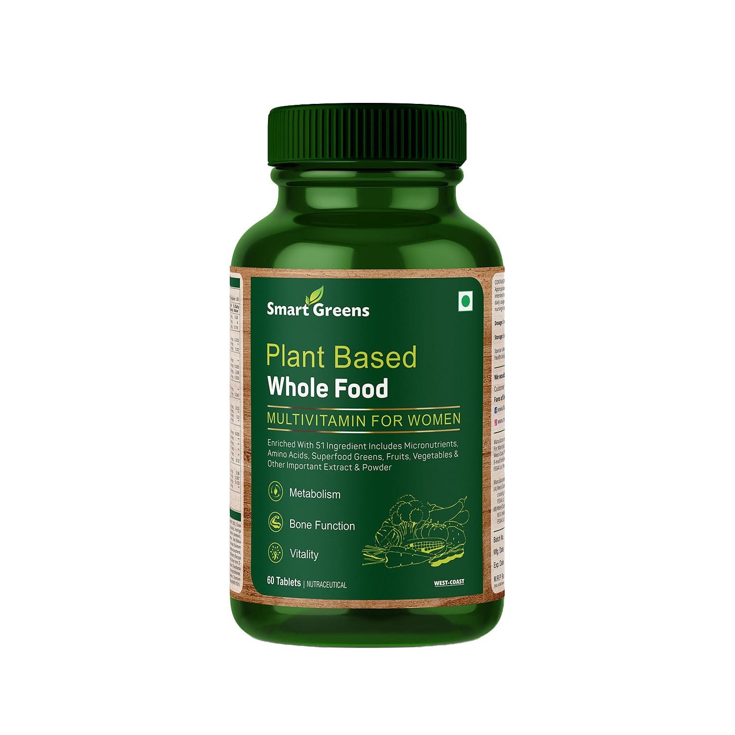 

Smart Greens Plant Based Wholefood Multivitamin for Women Enriched with 51 Ingredients Includes Micronutrients, Amino Acids, Superfood Greens, Frui...