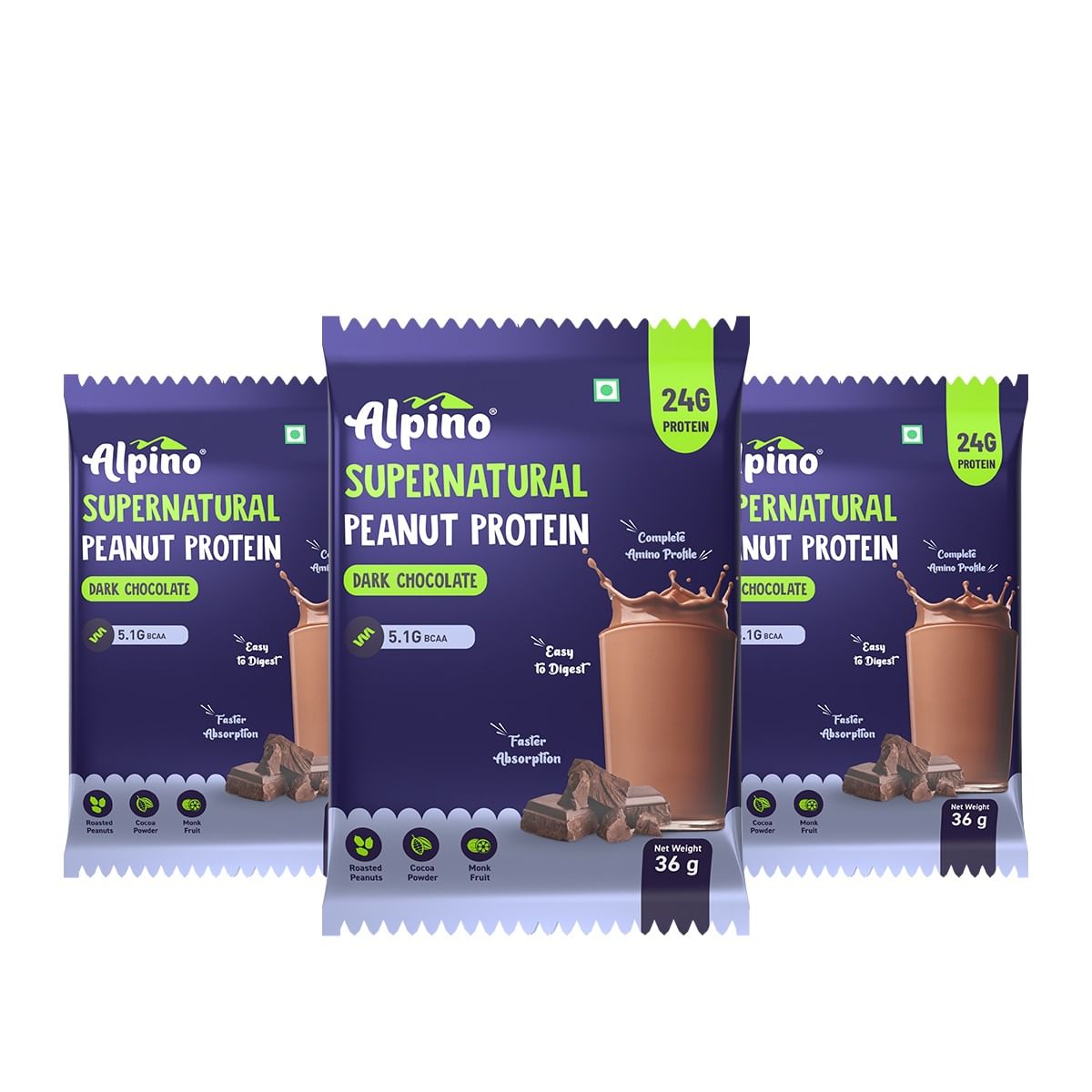 

ALPINO 24g Protein Supernatural Peanut Protein Powder Dark Chocolate 108g (36g, Pack of 3( - Roasted Peanuts, Cocoa Powder & Monk Fruit - 100% Plan...