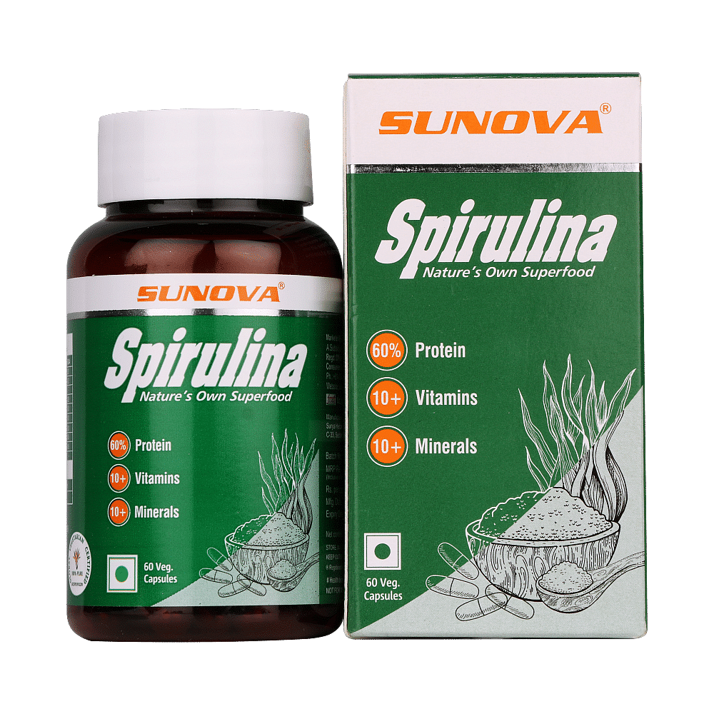 

Sunova Spirulina Capsules - Multi Vitamin with 60% Protein, 10+ Vitamins & Minerals