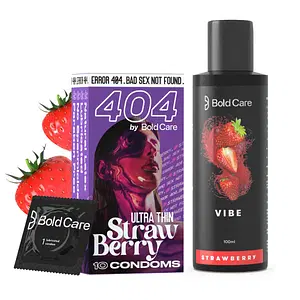 Bold Care 404 Super Ultra Thin Strawberry Flavored Condoms For Men - 60 Microns - 10 Units + Bold Care Vibe - Natural Personal Lubricant for Men & Women - Premium Strawberry Flavour -100 ml - Combo