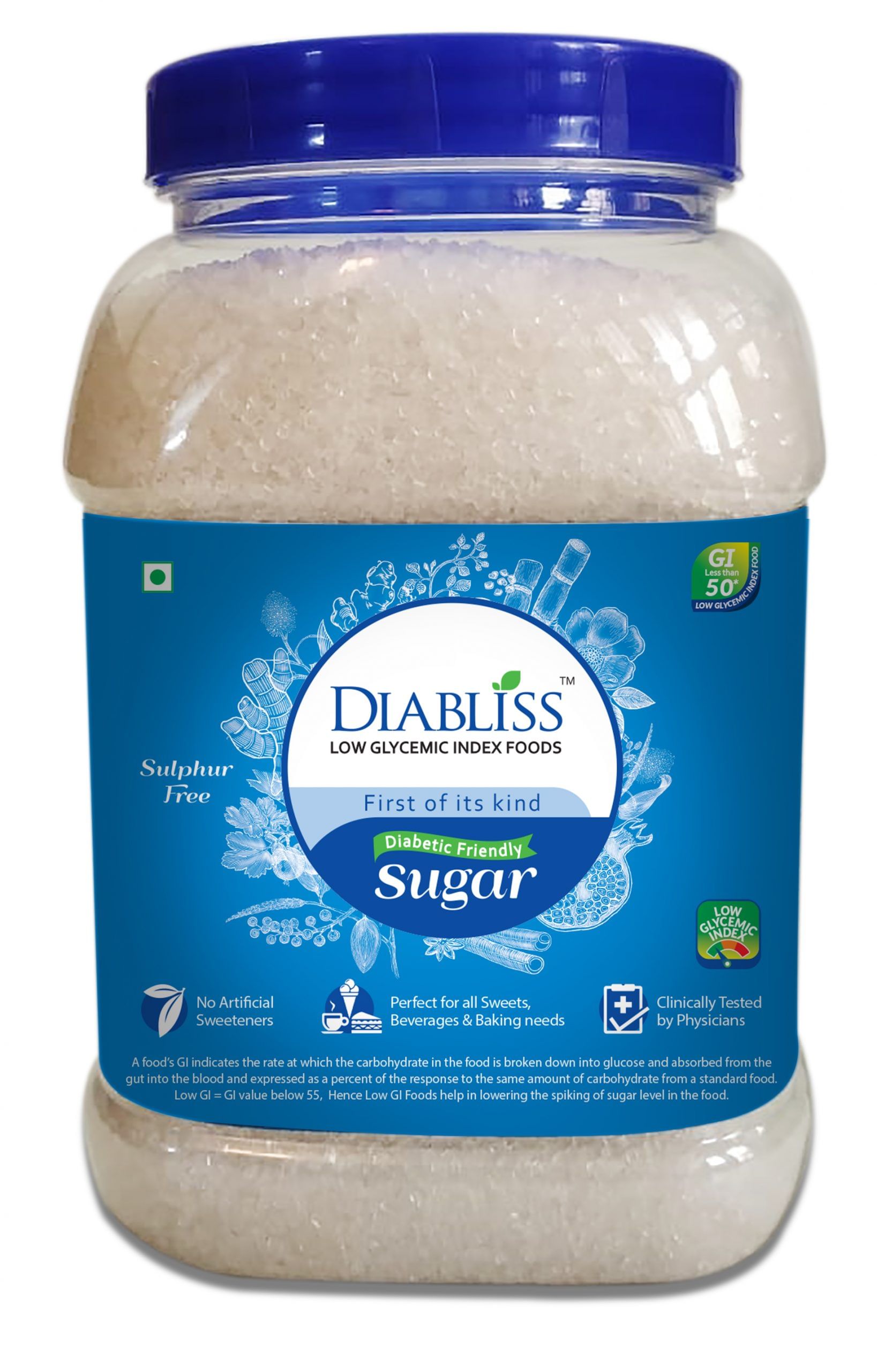 

Diabliss Diabetic Friendly Herbal Cane Sugar - Free from Chemicals/Artificial Sweeteners - Low Glycemic Index (GI) - 1Kg Reusable Jar (1)