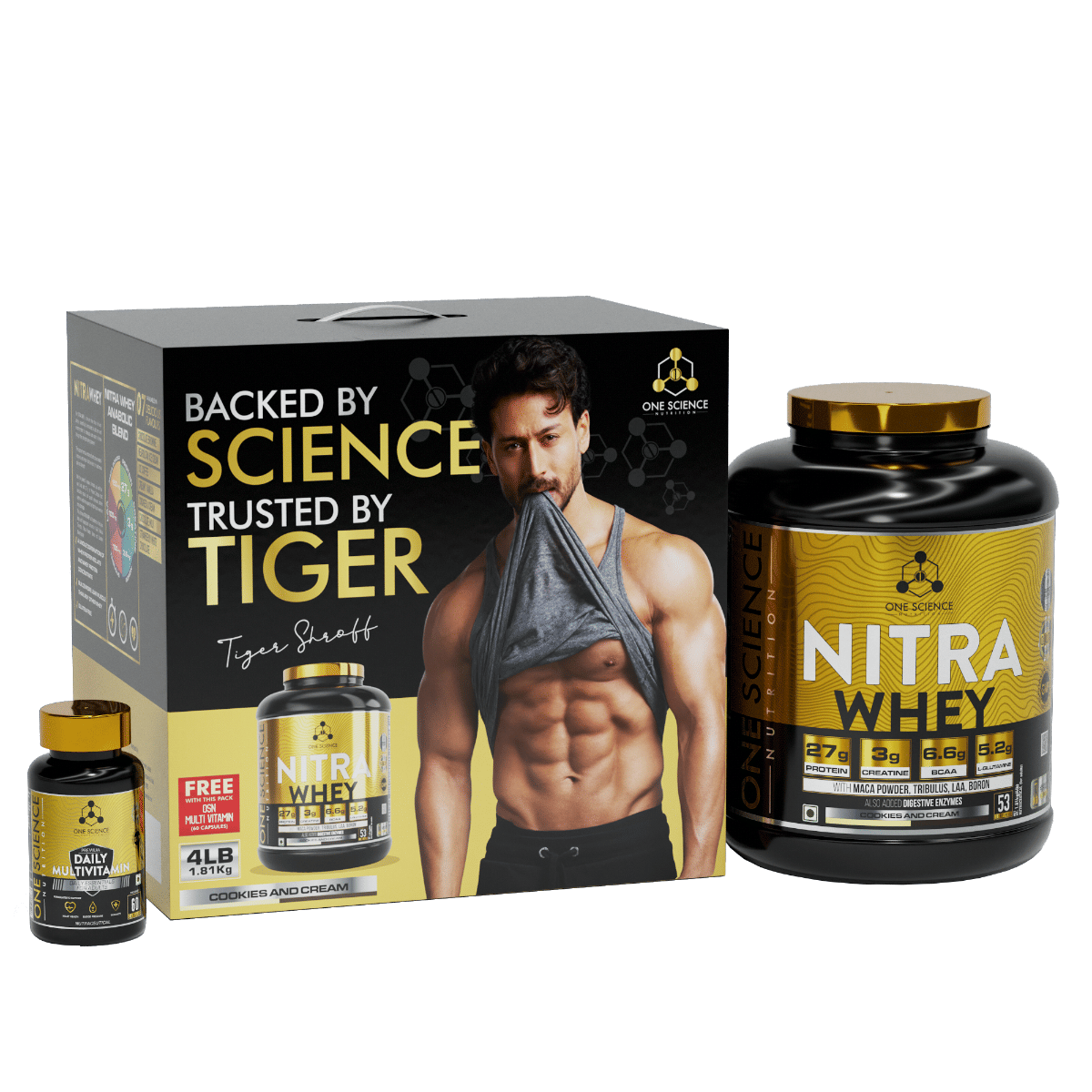 

One Science Nutrition Nitra Whey Protein Powder Tiger Combo Pack | 27g Protein, 3g Creatine, 6.6g BCAA | With Testosterone Booster + FREE Daily Mul...