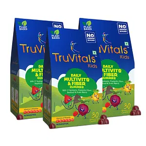 TruVitals gummies with Multivitamins for kids - 17 nutrients for 3-10 year old | No Sugar Added, Natural Prebiotic Fiber | Iron, Vitamin A, B Complex, C, D, Zinc | Pack Of 3 (90 Gummies)
