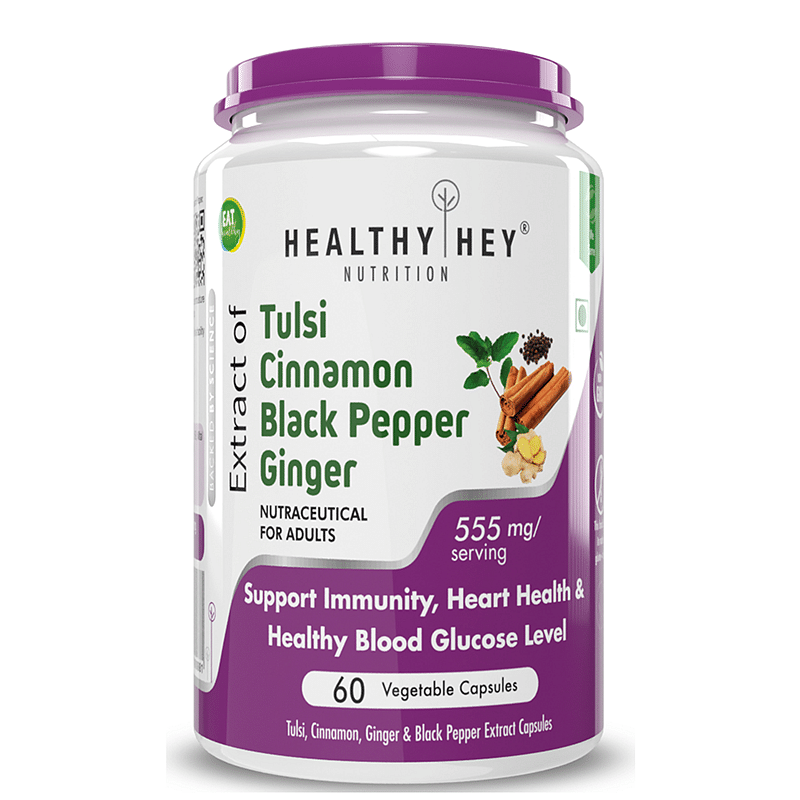 

HealthyHey Nutrition Tulsi, Cinnamon, Black Pepper & Ginger Extract Formula for Immunity - 60 Veg Capsules