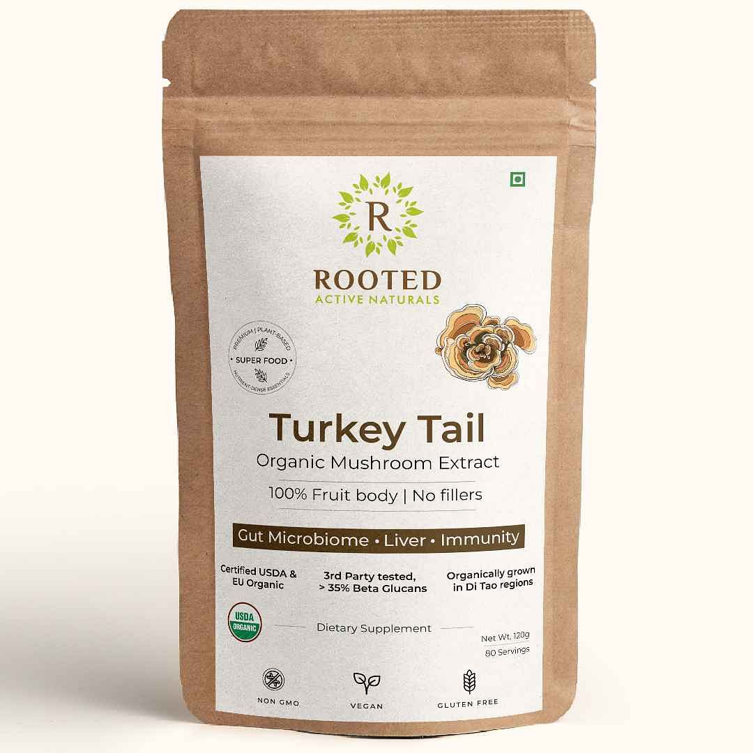 

Rooted Actives Turkey Tail mushroom Extract Powder (120 gm) | Gut Health, Liver, Immunity. USDA Organic, 35% Beta Glucans