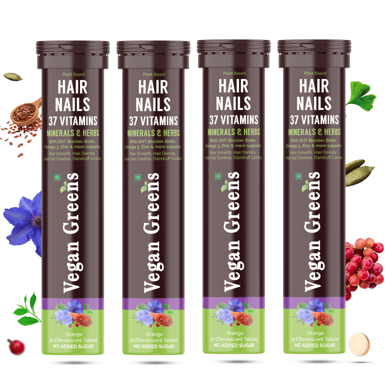 Vegan Greens Hair & Nails Vitamins with DHT Blocker, Biotin, Omega 3, Zinc. 37 Key Ingredients. For Hair Growth, Hair Loss Control, Stronger Nails. For Men & Women