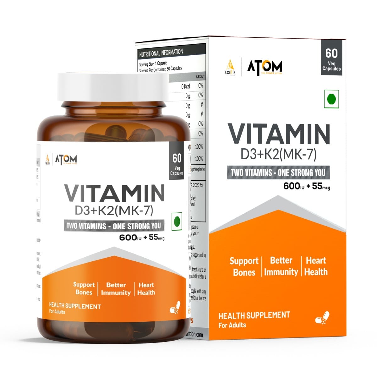 AS-IT-IS ATOM Vitamin D3 & K2 (MK-7) 60 Veg Capsules for Immunity, Bones & Heart Health Support I Plant Based | For Men and Women