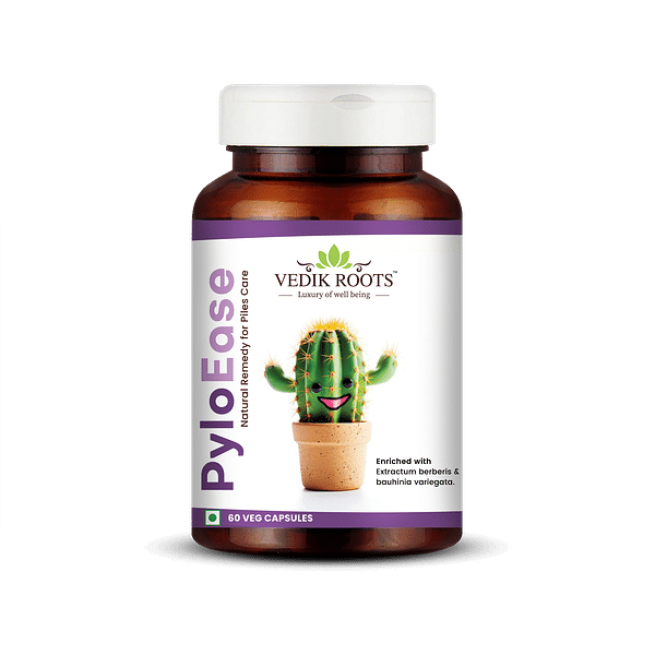 

Vedikroots PyloEase for Hemorrhoids| Help reduce Bleeding, Pain, & Burning | Help relieve Fissure. Fistula, Constipation | 60 Veg Capsules (Pack of 1)