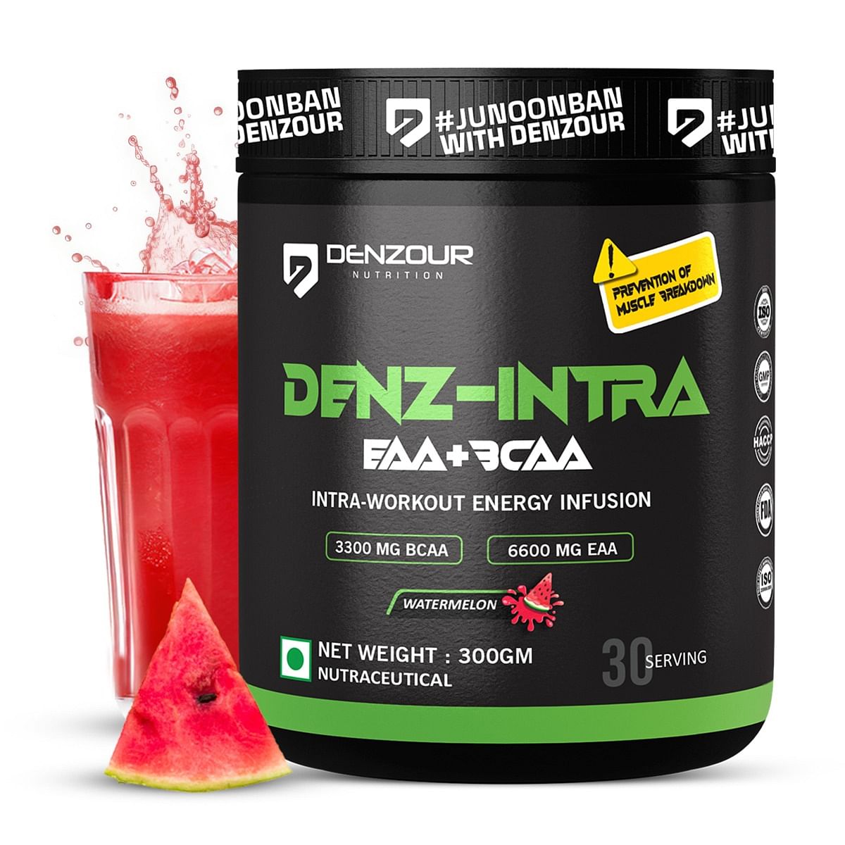 

Denzour Nutrition Denz-Intra Workout with 3300mg BCAA & 6600mg EAA, Intense Energy & Improves Muscle Function, 300g - Watermelon