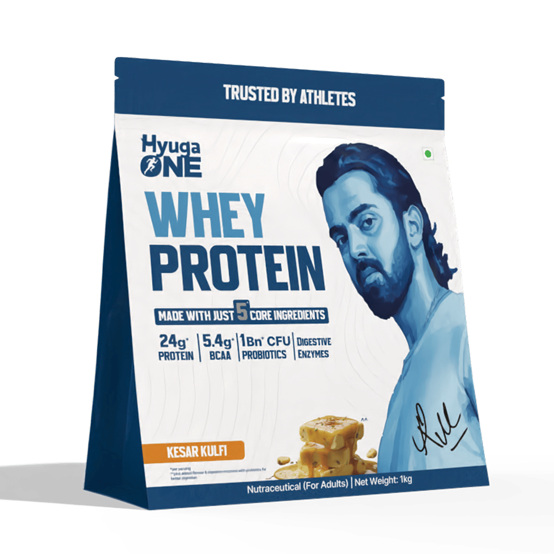 

Hyuga One Whey Protein – Kesar Kulfi | 24g Protein | Probiotics & Curcumin Extract