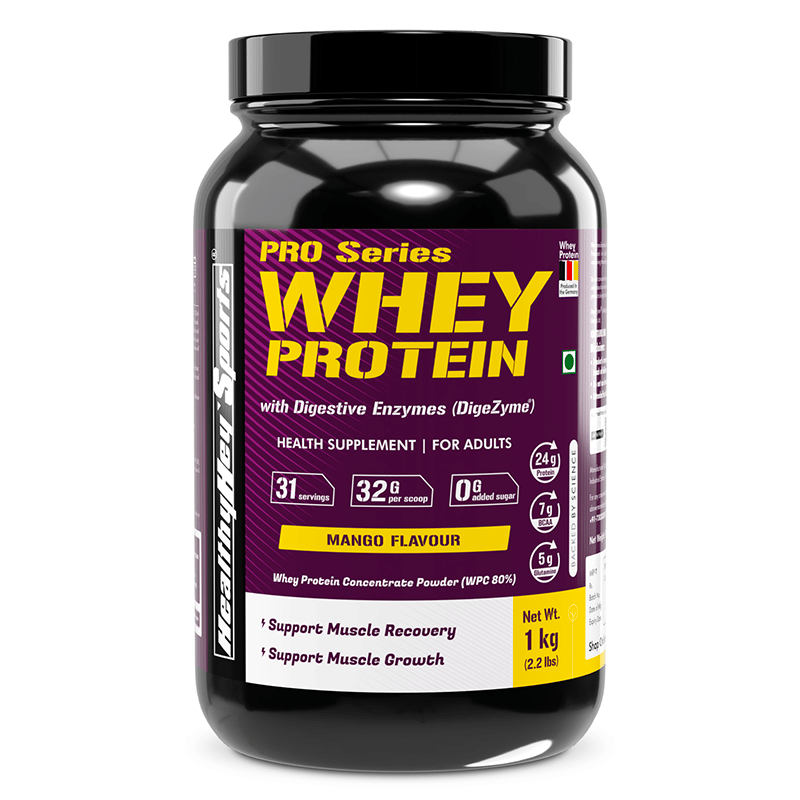 

HealthyHey Sports Whey Protein Concentrate (Produced in Europe) - 80% Protein with Digestive Enzymes - 1Kg) (Mango, 1Kg)