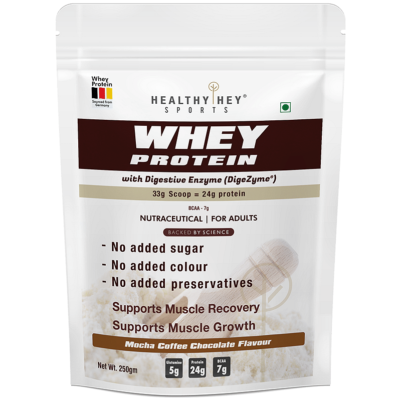 

HealthyHey Sports Whey Protein Concentrate (Sourced from Europe) - Mocha coffee Flavour(Pouch) - 250gm