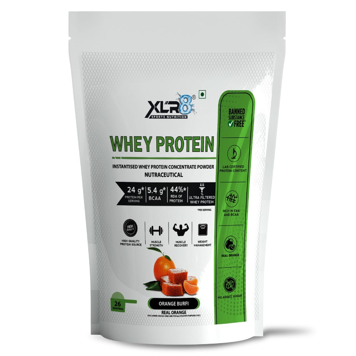

XLR8 Whey Protein with 24 g protein, 5.4 g BCAA - 2 lbs / 907 g (Orange Burfi)
