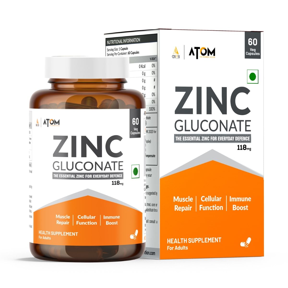 

AS-IT-IS Nutrition ATOM Zinc Gluconate 118mg I 17mg Elemental Zinc I 60 Veg Capsules I Energy, Immunity, Skin Health & Antioxidant Support