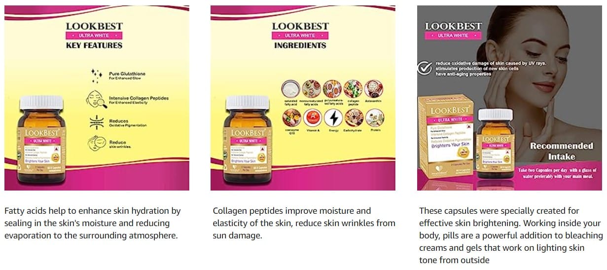 HealthBest Lookbest Ultra White Capsule limited edition Brighter Skin  Glutathione Reduces Oxidative Pigmentation 60 Capsules