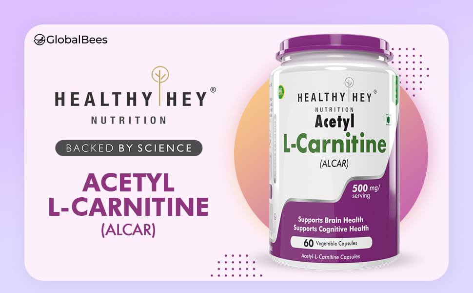 HealthyHey Acetyl L-Carnitine (ALCAR) 500 mg - 60 Veg Capsules (Pack of 1)